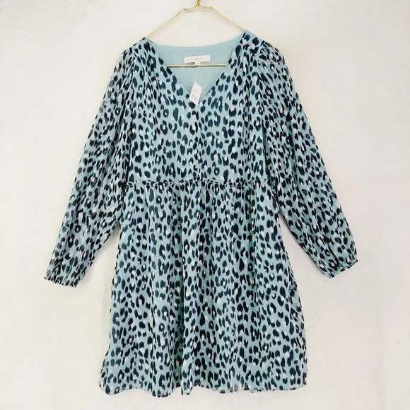 New LOFT Blue Leopard Print Long Sleeve V-Neck Midi Dress P 405 - Picture 2 of 10